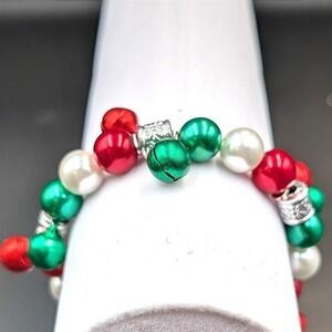 Vintage Christmas Jingle Bell Bracelet‎ Red Green Pearl Beads Festive 6.5in
